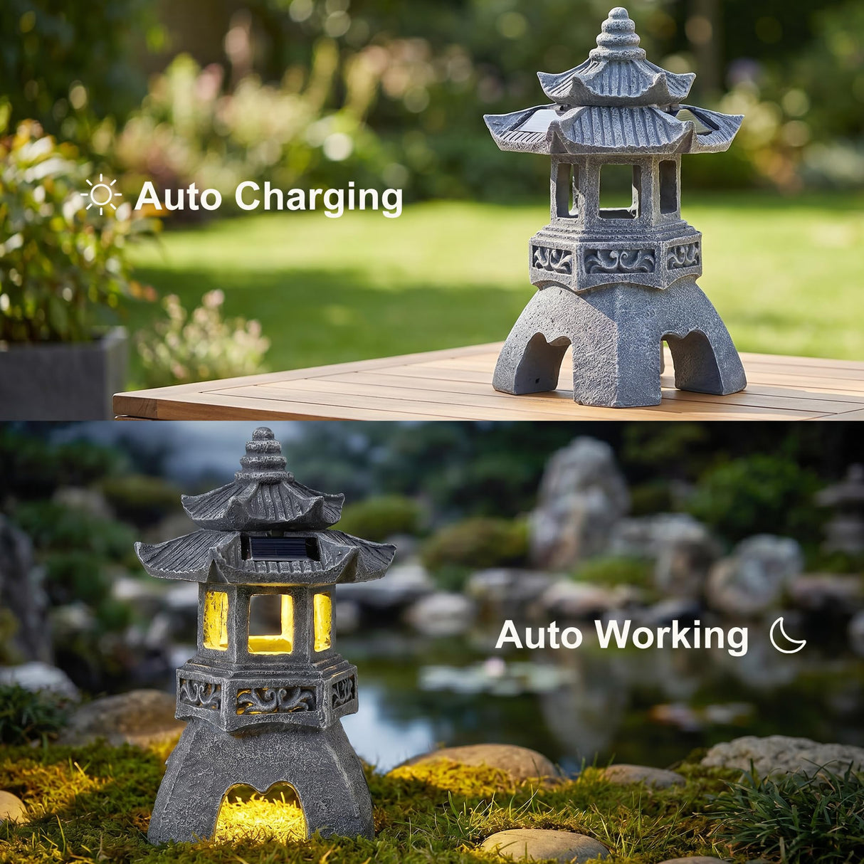 HL3NIGIM Solar Zen Garden Statue, Pagoda Lantern with 3 Solar Panels, Outdoor Decor for Landscape Patio, Balcony and Yard, Gift for Women Mom and Gramma