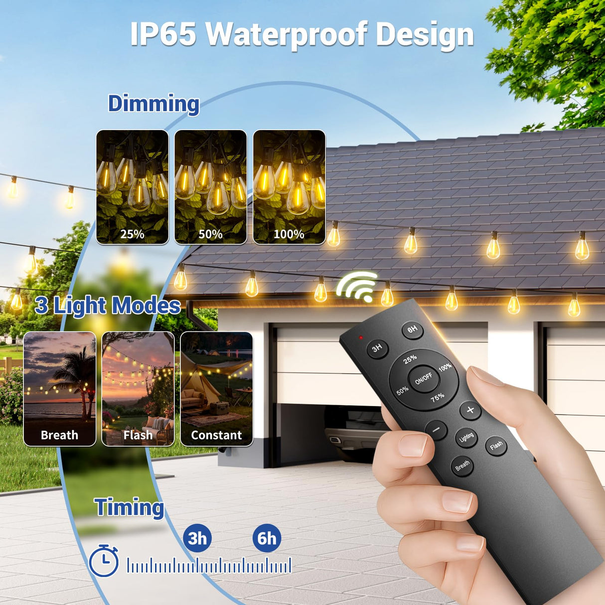 Sikitul 100FT Solar String Lights Outdoor Waterproof, 35+1 LED Solar Powered Lights with Remote Control, 3 Light Modes & Dimmable, USB-C Charging for Patio, Backyard, Garden, Camping