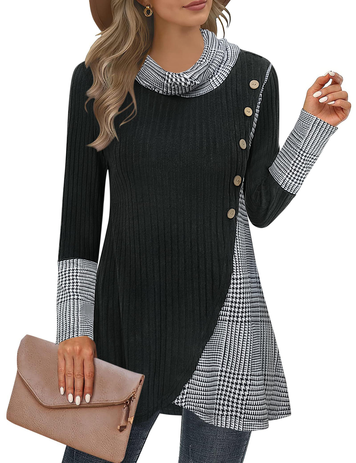 Miusey Cable Knit Sweater Lightweight Sweaters for Women Cozy Sweatshirts for Women Loose Fit for Holiday Christmas Black White Plaid L