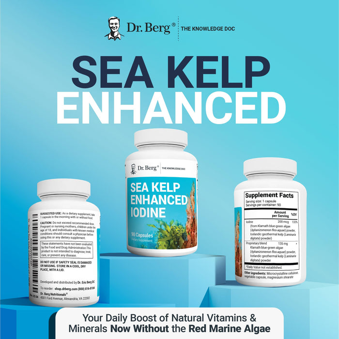 Dr. Berg Sea Kelp Enhanced - Thyroid Support Natural Antioxidants & Iodine Supplement w/Organic Sea Kelp & Blue-Green Algae - Immune System & Metabolism Support - Now Without Red Algae - 90 Capsules