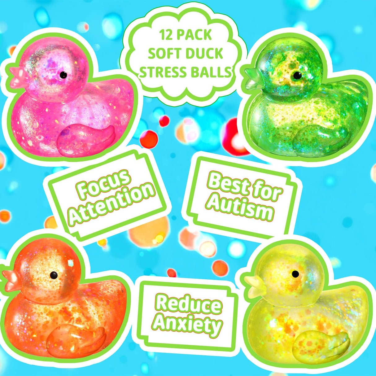 Meooeck 12 Pcs Duck Stress Relief Toys Stress Balls for Adult Mini Glitter Duck Squeeze Fun Fidget Toys Animal Balls Cute for Birthday Party Office Christmas Stocking Stuffer Gift ADHD Autism Anxiety