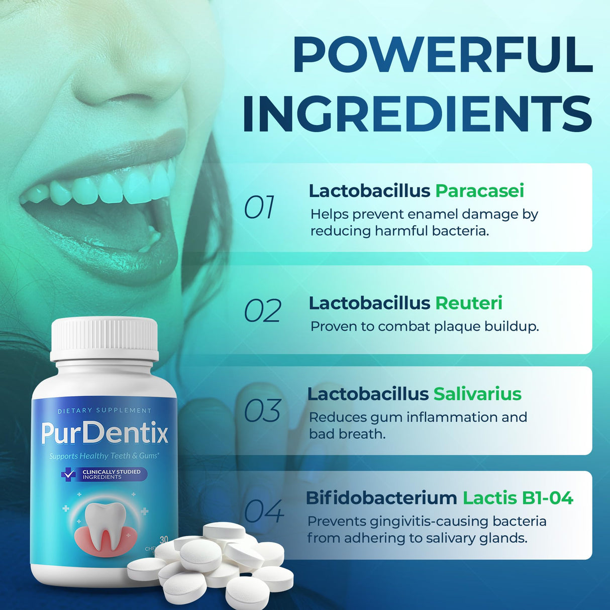PurDentix Oral Health Probiotic – 4-Strain Formula for Healthy Gums, Teeth & Fresh Breath – 30 Chewable Tablets