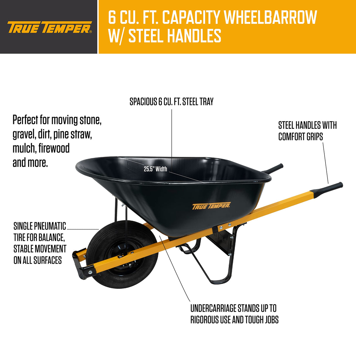 True Temper Wheelbarrow with Pneumatic Tire and Steel Handles, 6 Cu. Ft