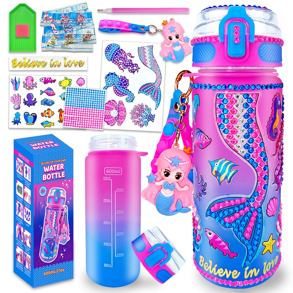 EDsportshouse Decorate Your Own Water Bottle Kits for Girls Age 4-6-8-10,Mermaid Painting Crafts,Fun Arts and Crafts Gifts Toys for Girls Birthday Christmas(Mermaid)