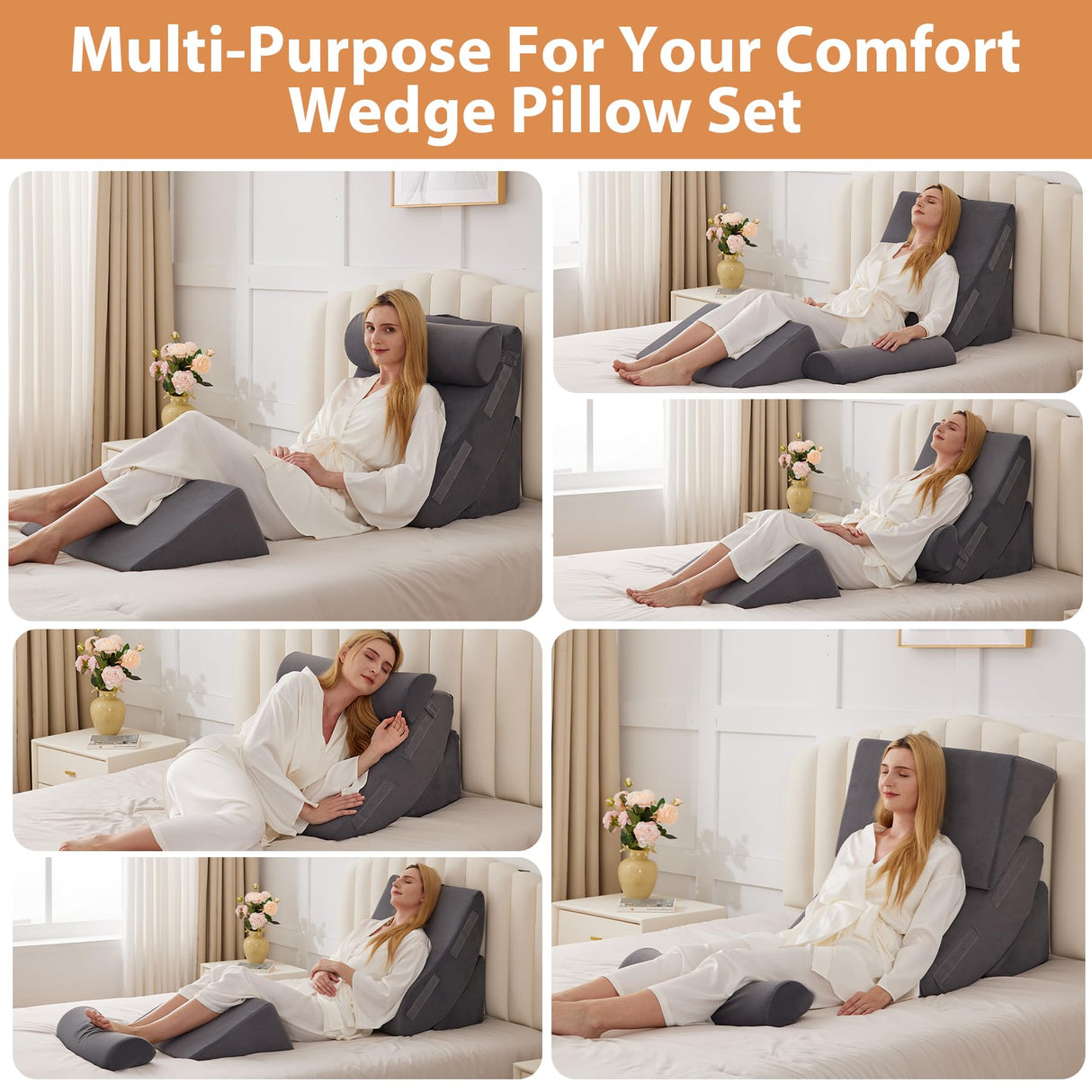 4PCS Wedge Pillow Set for After Surgery, Orthopedic Bed Wedge Pillow for Back Pain Relief, Sitting up in Bed,Recovery, Acid Reflux, Snoring, Body Pillow for Sleeping,Leg,Shoulder Support, Velvet Grey