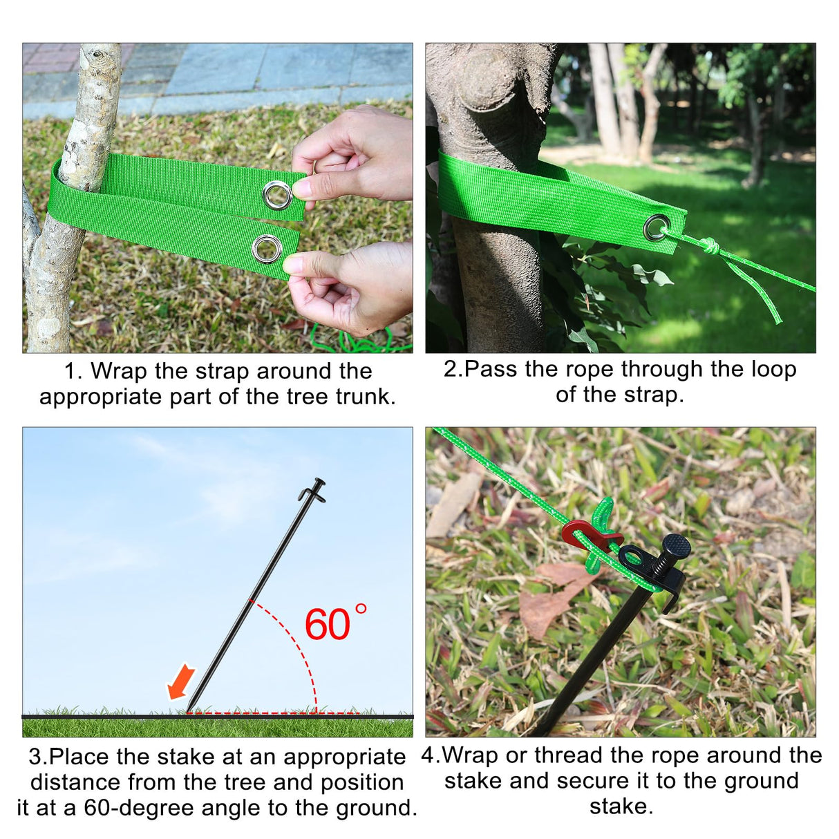 Fabulas Tree Stakes Kits, 6 Pcs 11.8 Inch Heavy Duty Steel Stakes and Supports for Leaning Young Trees Straightening with 6 Pcs Support Straps and 13.2ft Anchor Ropes, Against Strong Wind Bad Weather