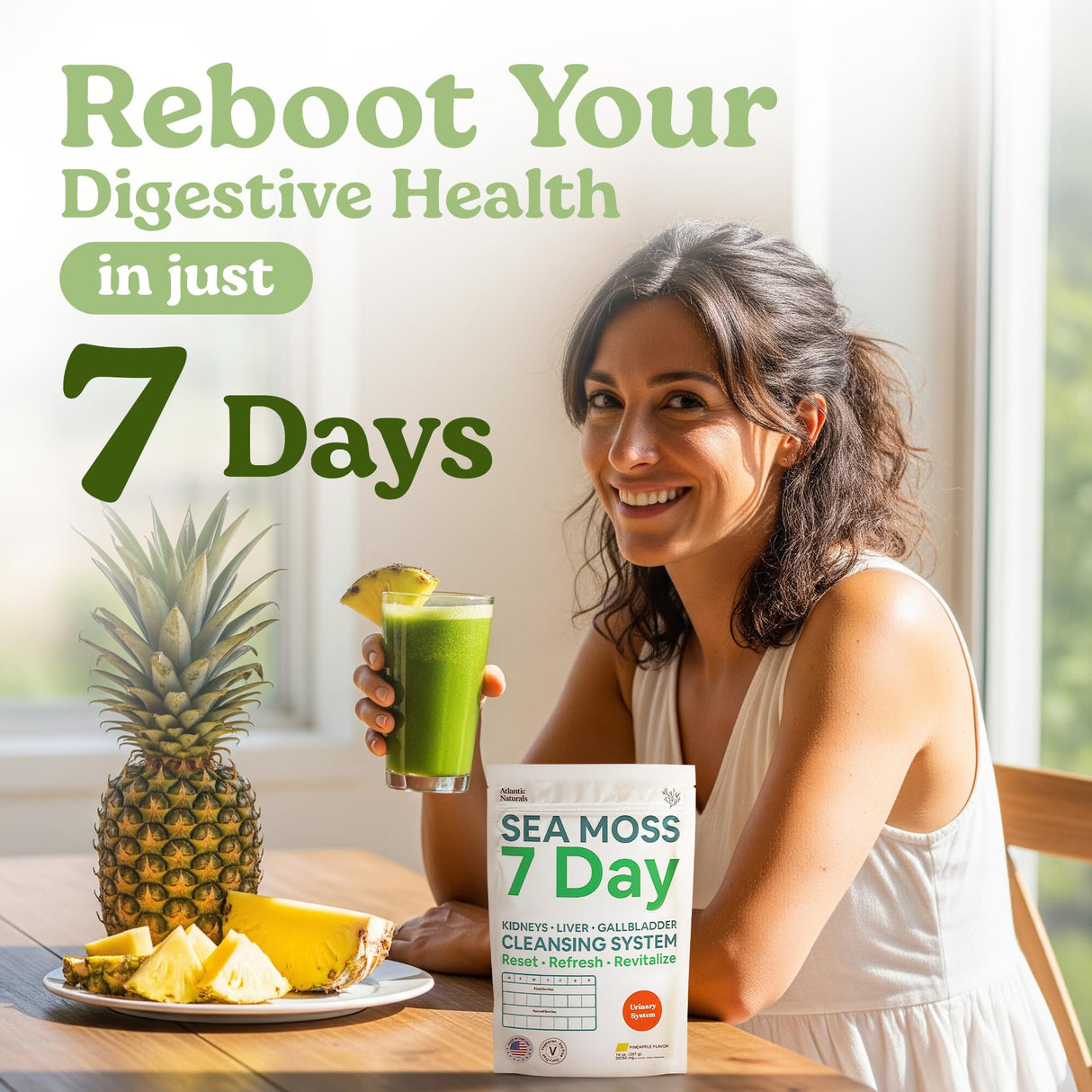 Atlantic Naturals Sea Moss 7 Day Detox Liver, Gallbladder & Kidney Cleanse - Support with Dandelion Root, Milk Thistle, Burdock Root, Red Clover, Chanca Piedra - Pineapple Flavor Drink Mix (14 oz)