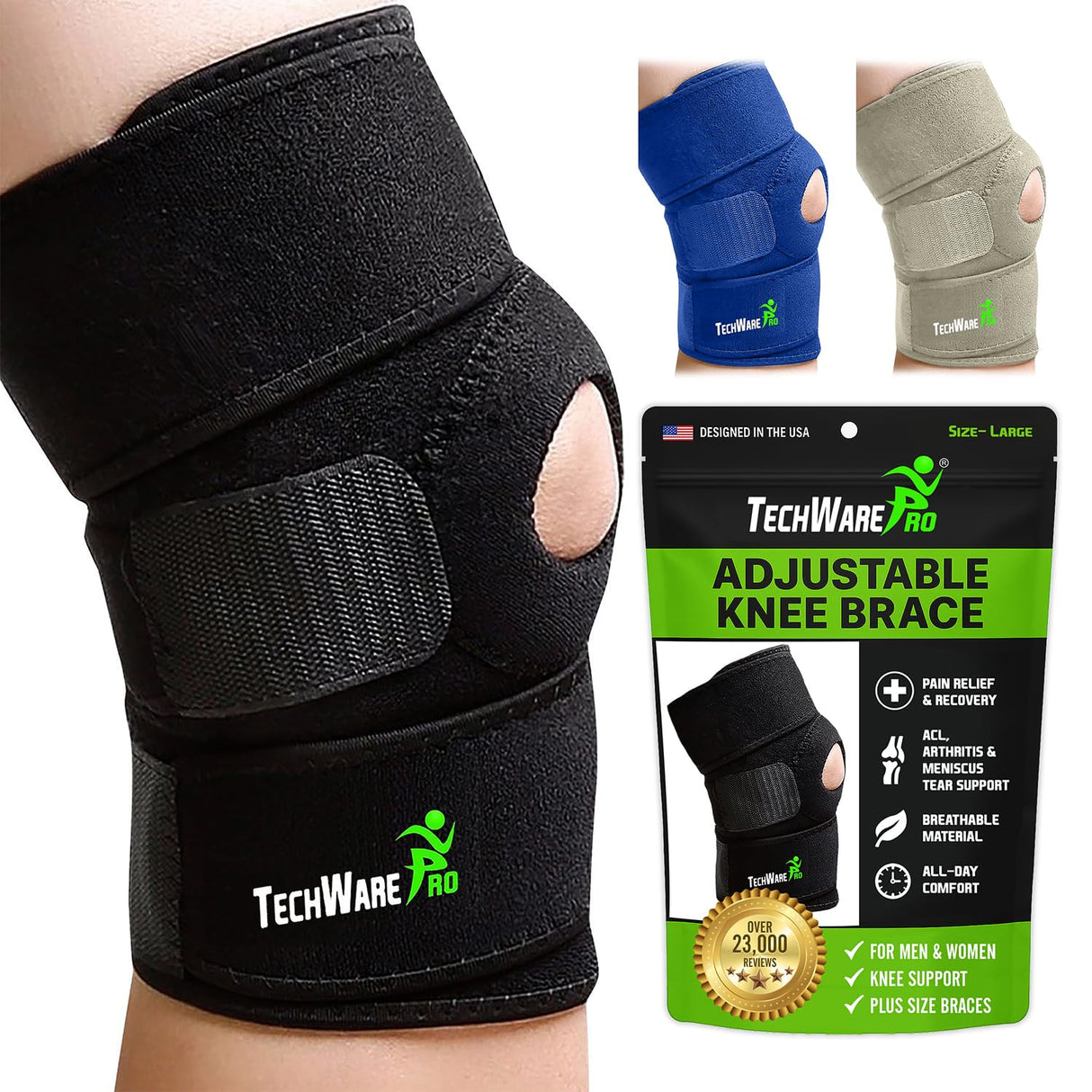 TechWare Pro Knee Brace Support - Relieves ACL, LCL, MCL, Meniscus Tear, Arthritis, Tendonitis Pain. Open Patella Dual Stabilizers Non Slip Comfort Neoprene. Black Medium