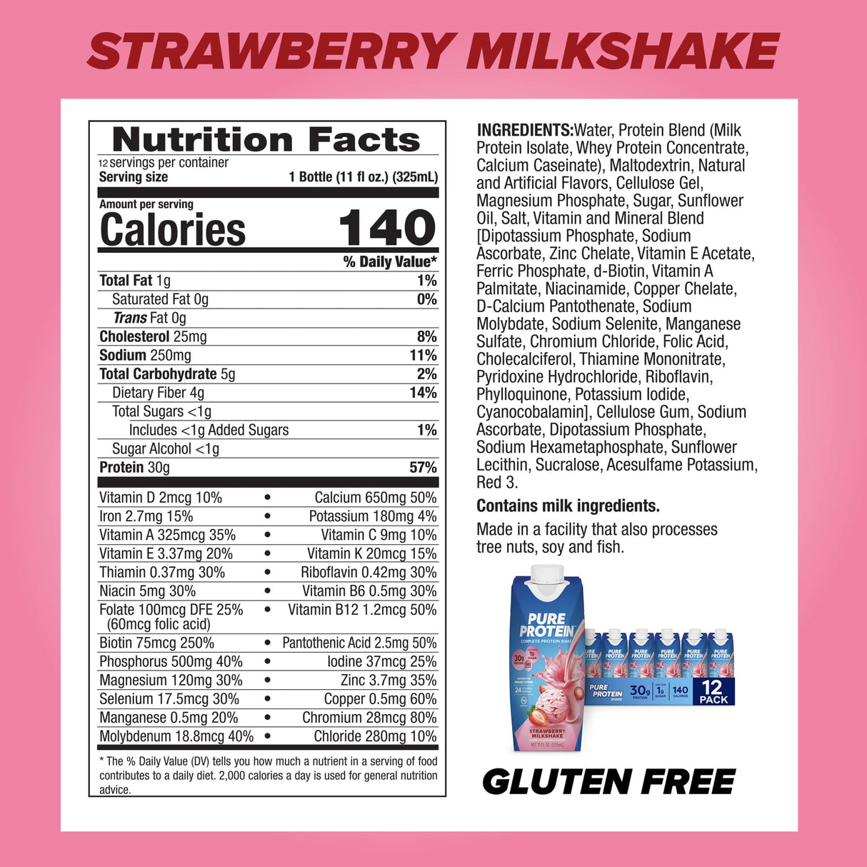 Pure Protein Strawberry Protein Shake, 30g Complete Protein, Ready to Drink and Keto-Friendly, Vitamins A, C, D, and E plus Zinc to Support Immune Health, 11oz Bottles, 12 Pack