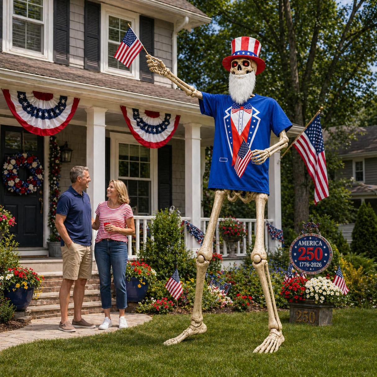 JcHrmers 12 ft Skeleton Patriotic Outfits 4th of July Skeleton Tuxedo T-Shirt Clothes with Hat Flags Beard Funny Giant Skull Clothing for Independence Day Summer Holiday Outdoor Decor