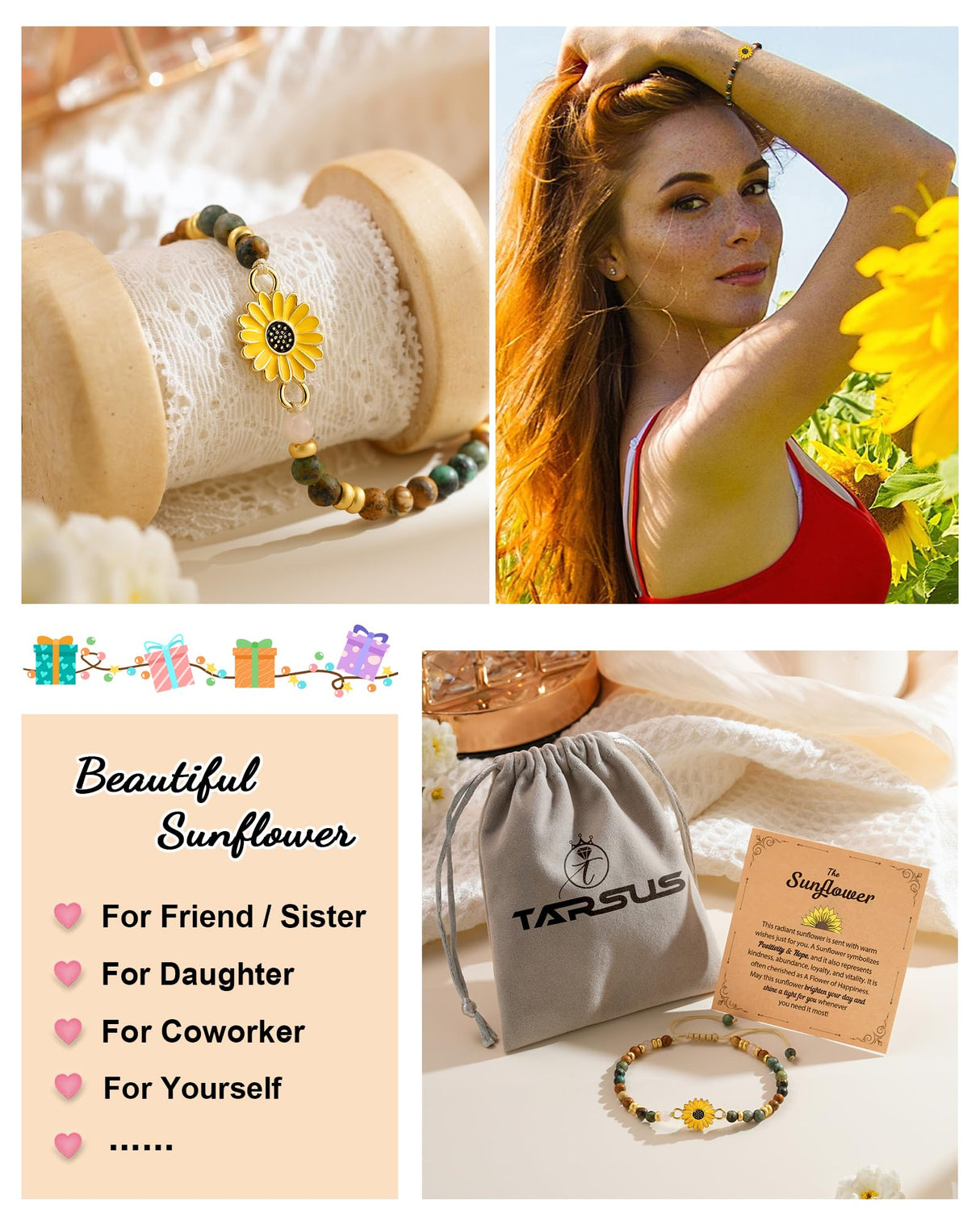 Tarsus Sunflower Gifts for Women, Inspirational Bracelet for Women Sunflower Bracelets Jewelry Gifts for Teen Teenage Birthday Christmas Stocking Stuffers