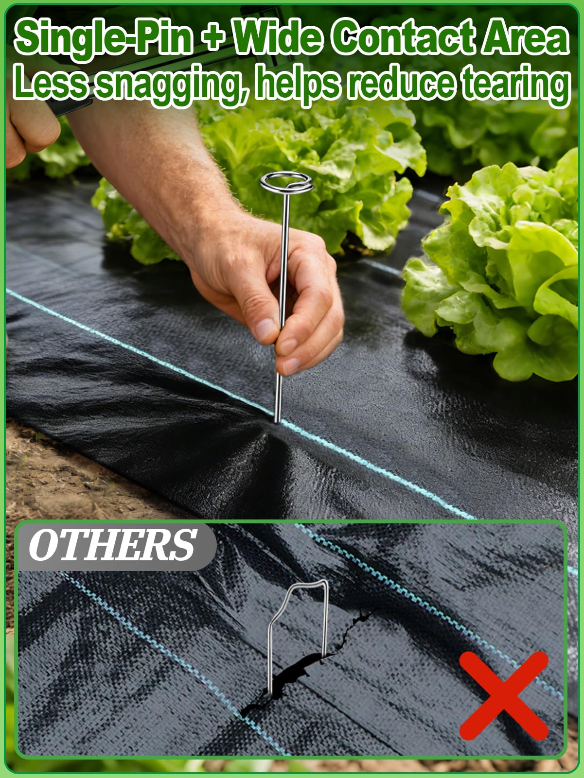12 Inch Landscape Staples with Hook & Hammer - 60pcs Circle Top Weed Barrier Stakes Kit, 9 Gauge Galvanized Rust-Resistant Garden Fabric Pins, for SOD, Garden Edging, Install & Remove Tools Included
