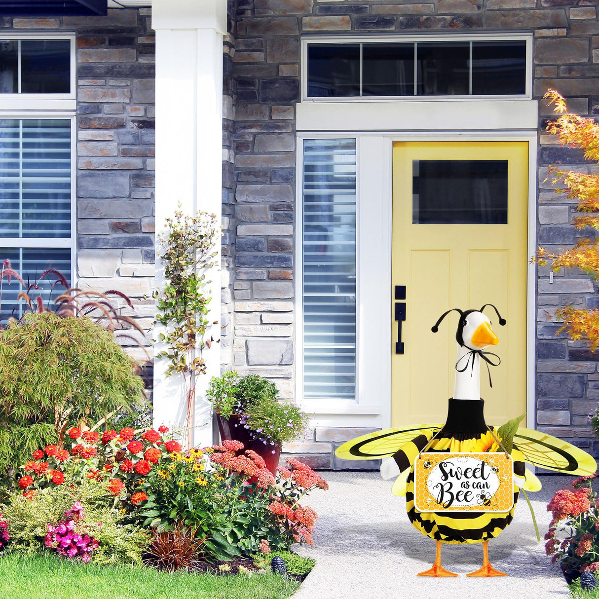 Mindsoft 2 Pcs Summer Porch Goose Outfit with Welcome Wooden Sign with Wings for 23" Cement Plastic Goose Statue Outdoor Patio Yard Lawn Art Decoration(Bee)