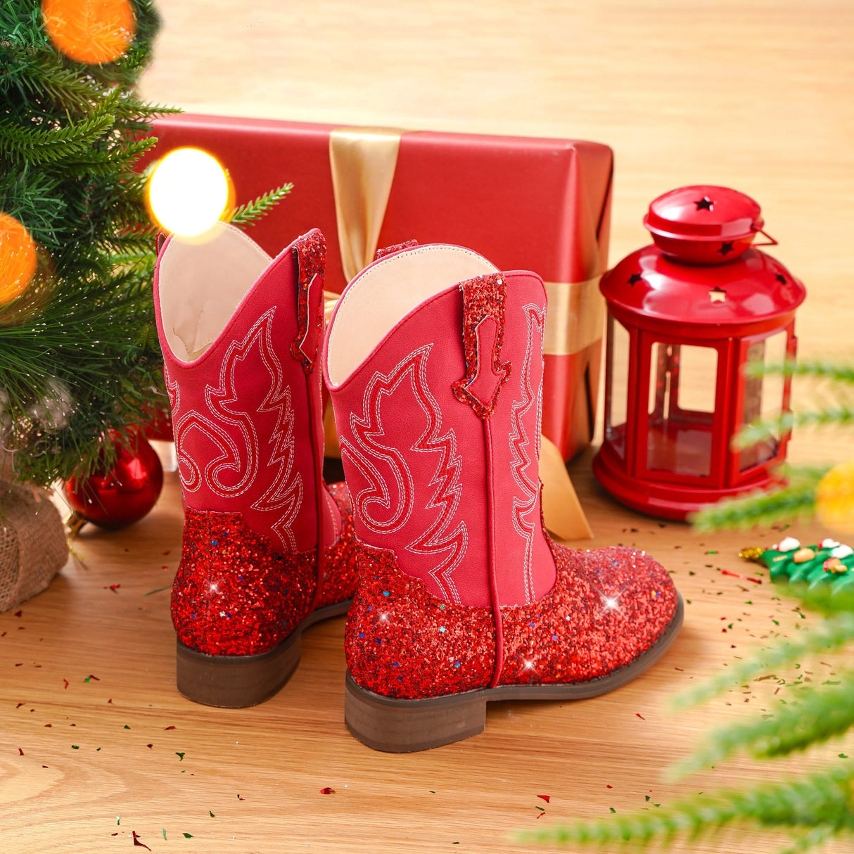 Motasha Girls Cowgirl Boots Glitter Toddler Girls Boots Red Cowboy Boot for Girl Size 10 Little Big Kids Boot Western Riding Shoes Party Birthday Christmas (M7101 Sequins Red 10)