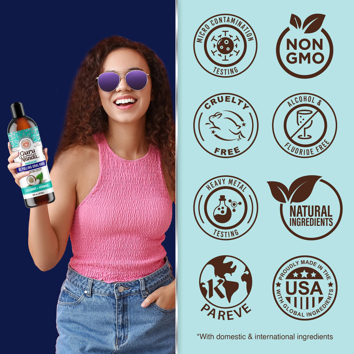 GuruNanda CocoMint Oil Pulling Mouthwash for Complete Oral Hygiene, 7 Essential Oils & Vitamins for Happy Teeth & Gums & Fresh Breath, Alcohol-Free, 16 oz