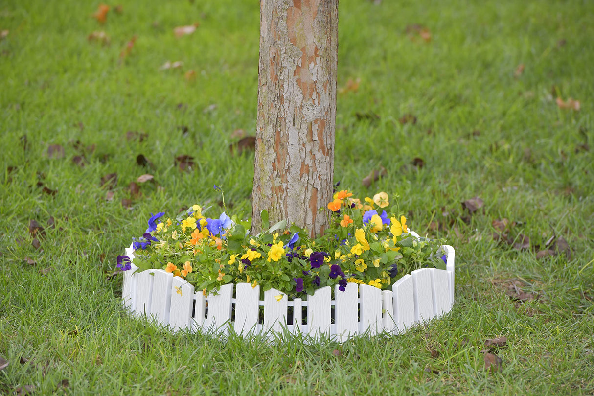 EasyFlex No-Dig Landscape Edging with Anchoring Spikes, 4.5 in. Tall Decorative Adirondack Wood-Look Fence Garden Border, 15 Foot Kit, White (3600WT-15C-6)