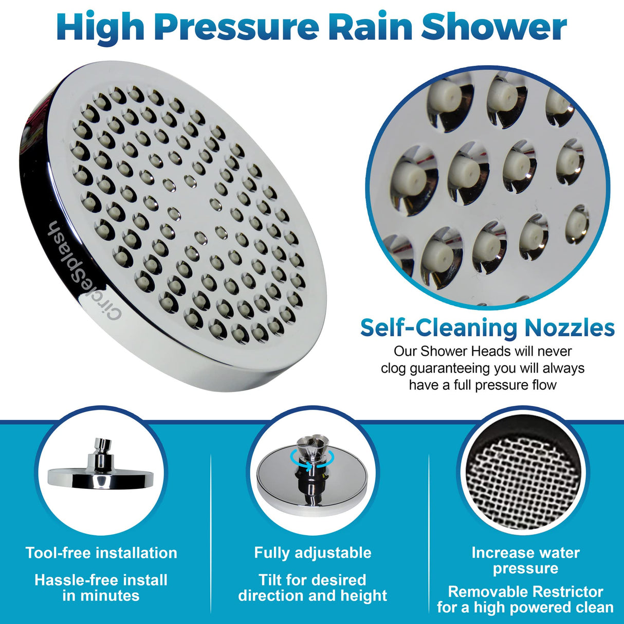 High Pressure Shower Head - Anti-Clogging Silicone Nozzles - 2.5 GPM Removable Restrictor - Easy to Clean Adjustable Replacement - easy to install with Plumbers Tape - 6 inch - Classic Chrome Finish