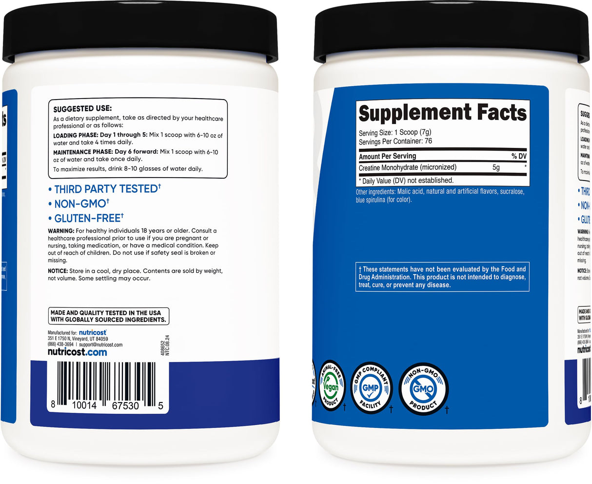 Nutricost Creatine Monohydrate Powder (Blue Raspberry), 500 Grams (1.1 LBS)