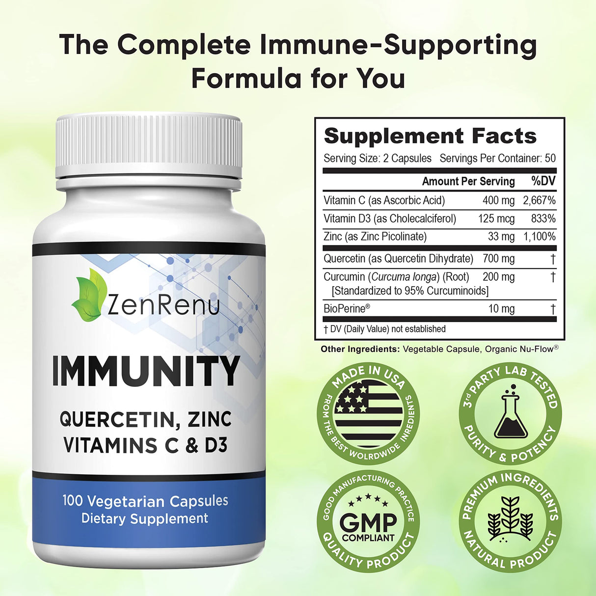 Zenrenu Immunity Quercetin 700 mg Zinc Vitamin C Vitamin D Immune Support Supplement with Curcumin - Easy to Absorb Immunity Supplement, 100 Vegetarian Capsules 50 Day Supply