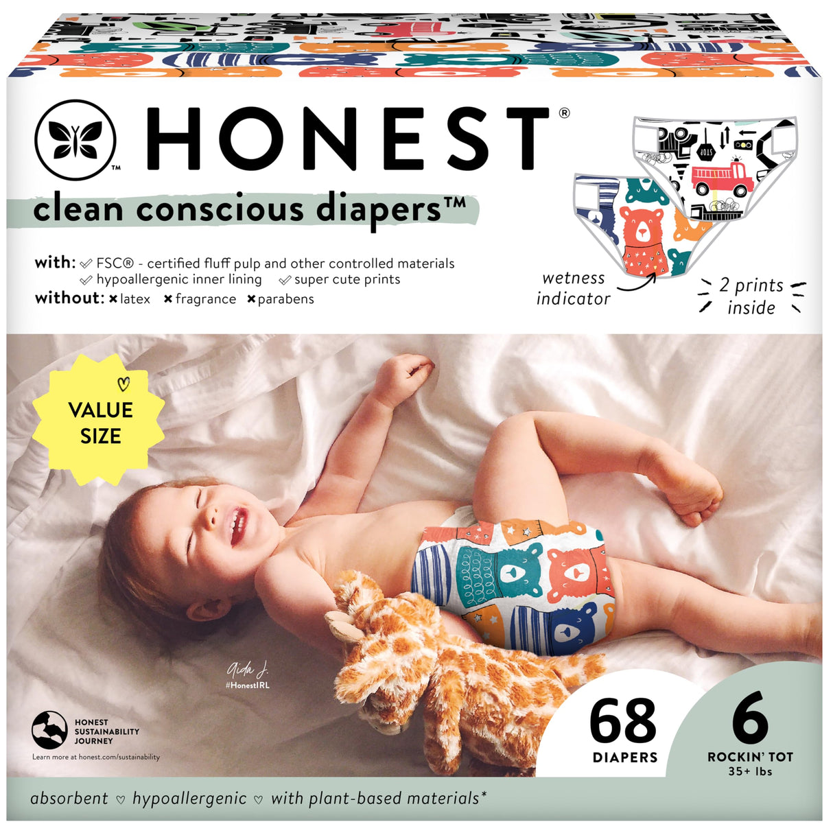The Honest Company Clean Conscious Diapers for Sensitive Skin | Hypoallergenic, Fragrance Free | Gender Neutral Prints | Super Club Box, Size 3 (16-28 lbs), 120 Count (Prints May Temporarily Vary)
