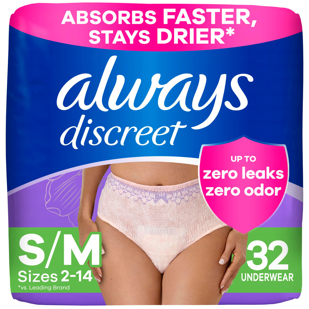 Always Discreet Incontinence & Postpartum Incontinence Underwear for Women, Small/Medium, Maximum Protection, 32 Count