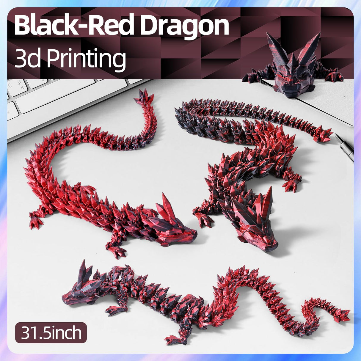 31.5 Large 3D Printed Dragon Bigger Fidget Animals Toys, Giant Flexible Articulated Fidget Toy, Huge 3D Printed Crystal Dragon Halloween Home Office Executive Desk Decor, Christmas 3D Print Toy 2025