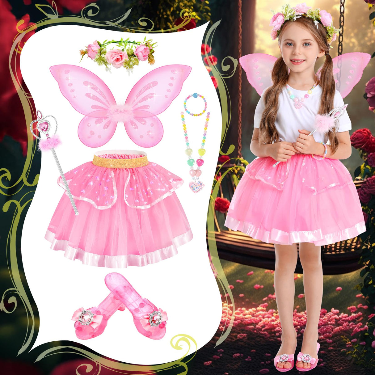 Princess Dress Up Fairy & Unicorn Costume for Girls 4-6, Toddler Dress with Tutu, Wings, Shoes, Jewelry, Headband Fairy Unicorn Toys for Girls Christmas Halloween Birthday Gift Toys