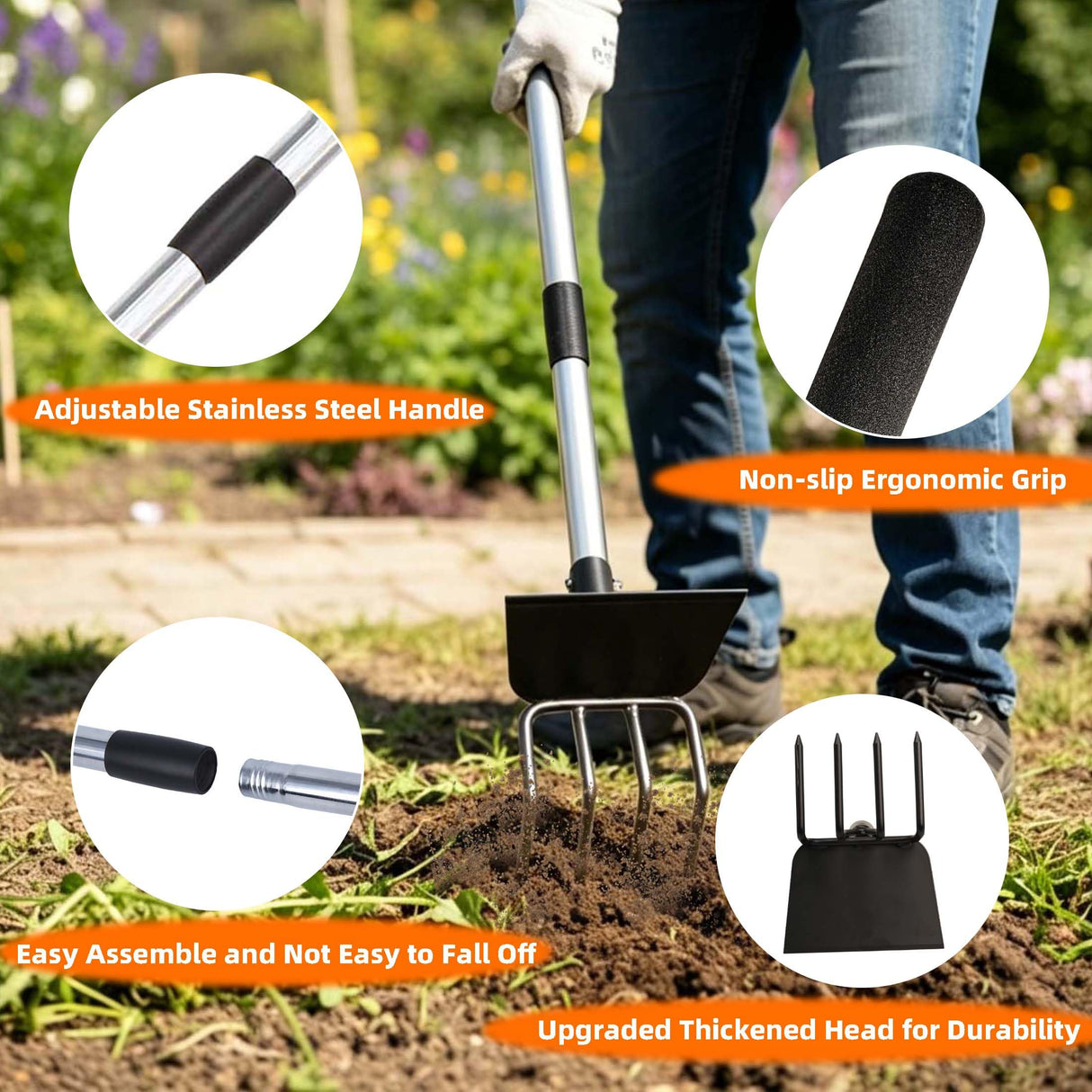 Long Hand Cultivator, 2-in-1 Hand Tiller and Garden Hoe for Gardening