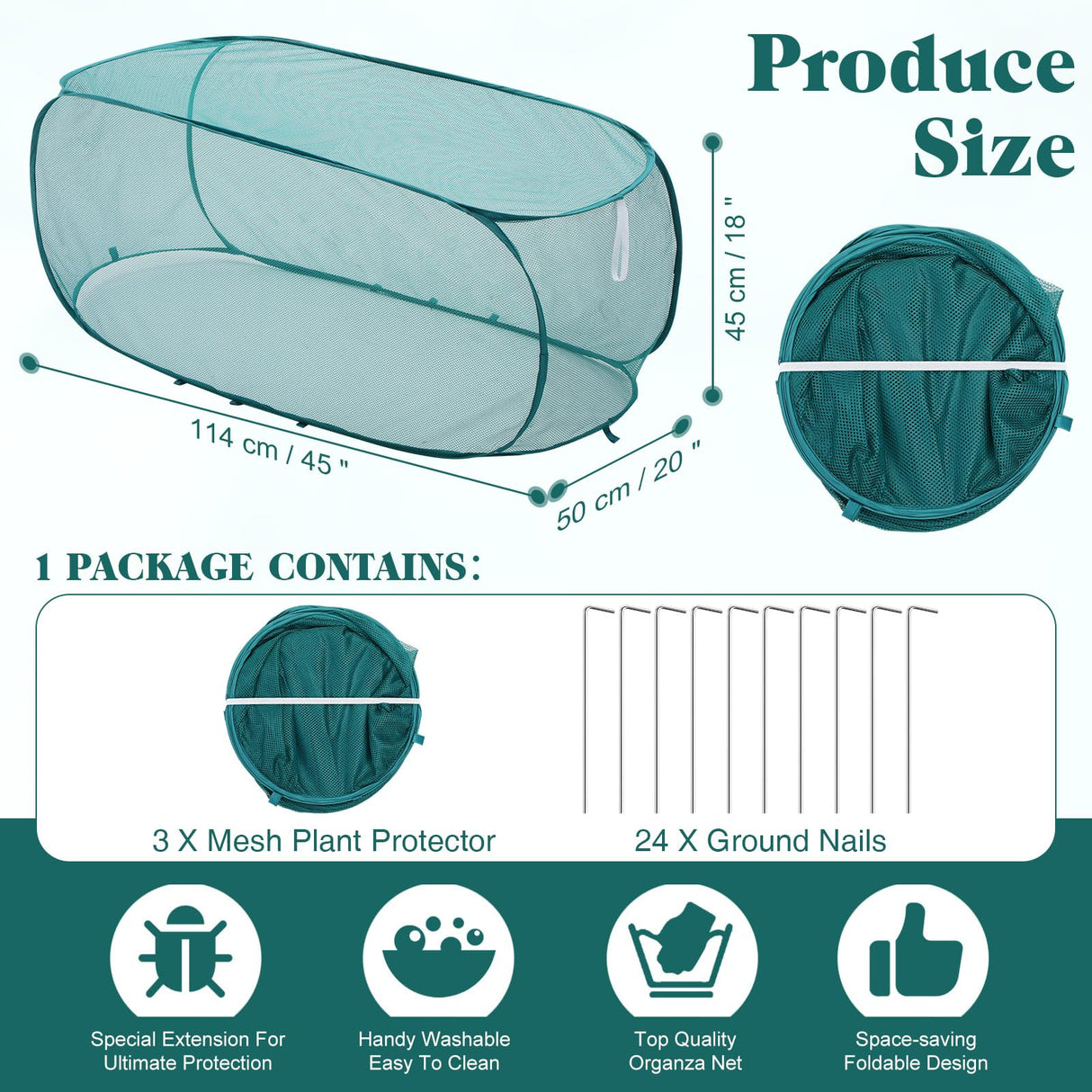 Threehoney 3 Pcs 45" x 20" x 18" Foldable Garden Rows Plants Cover Vegetable Mesh Plant Protector Net Cage Guard with Ground Nails for Protecting Vegetables Fruits Seedlings Flowers