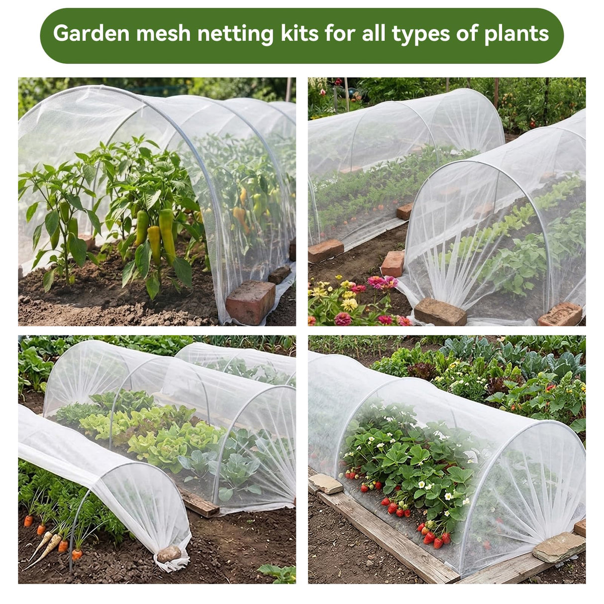 Garden Netting Kit for Raised Beds, 10x50FT Ultra Fine Mesh Netting& 6 Sets of 8FT Fiberglass Garden Hoops, Row Cover Insect Netting for Vegetable Plant Fruit Flowers Protection