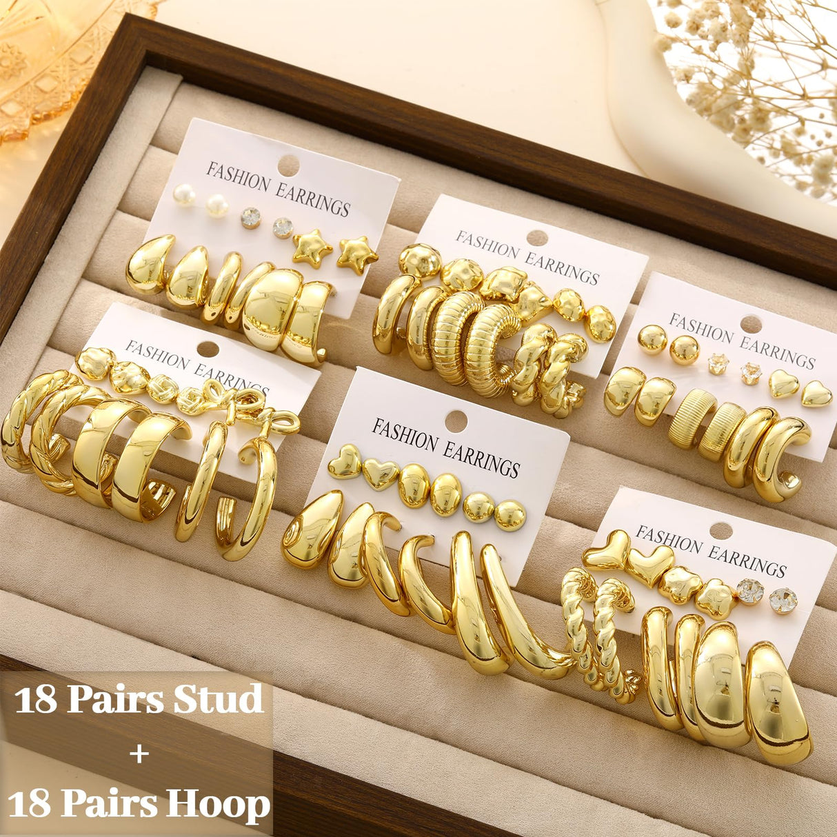 36 Pairs Chunky Gold Hoop Earrings Set for Women, Gold Plated