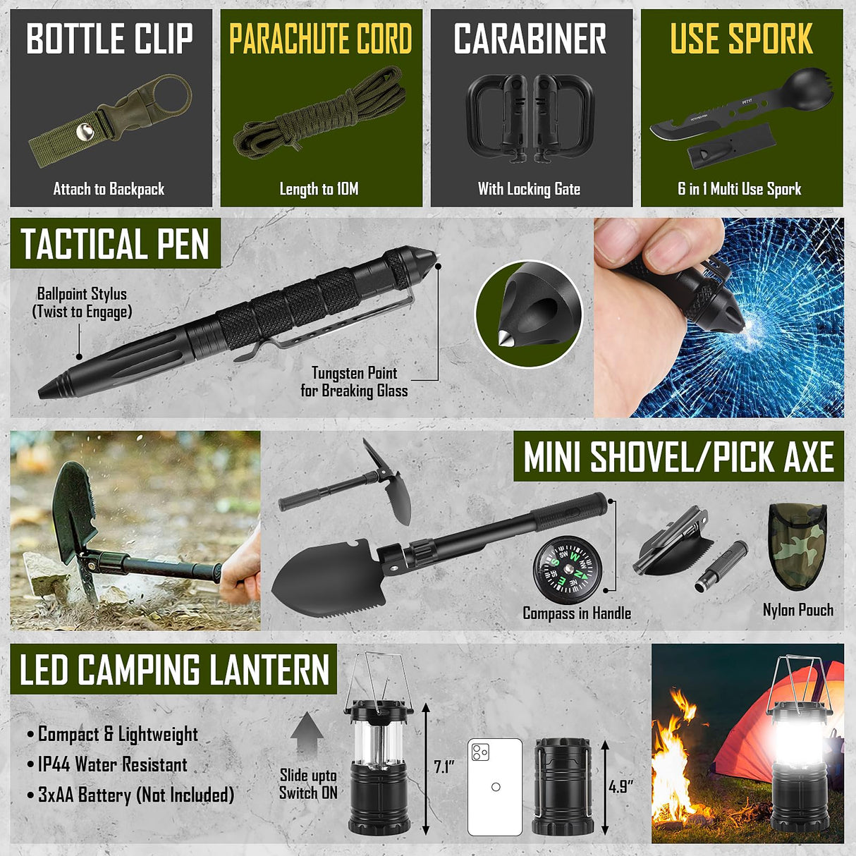Survival Kit, 268 Pcs Emergency Survival Gear and Equipment Supplies with First Aid Kit, Camping Axe, Headlamp, Tent, Crossbody Bag for Camping Hiking, Hunting, Car, Gift for Christmas Men, Dads, Him