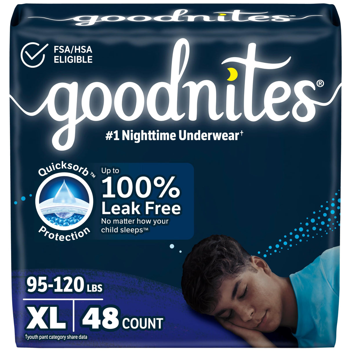 Goodnites Boys' Nighttime Bedwetting Underwear, Size Extra Large (95-120 lbs), 48 Ct (2 Packs of 24), Packaging May Vary
