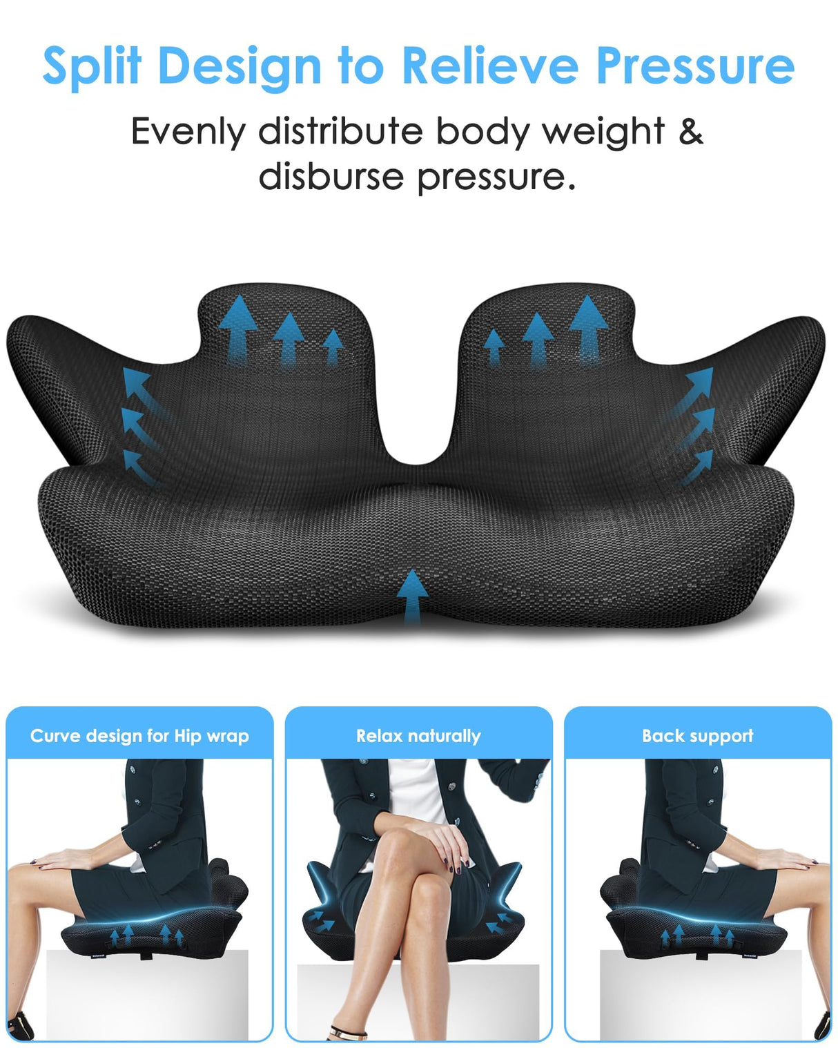 Extra Large Memory Foam Seat Cushion Thick for Long Sitting Office Chair Pressure Relief Tailbone Pain Relief Height Adjustable with Retaining Strap for Office, Gaming Chair, Car, Wheelchair