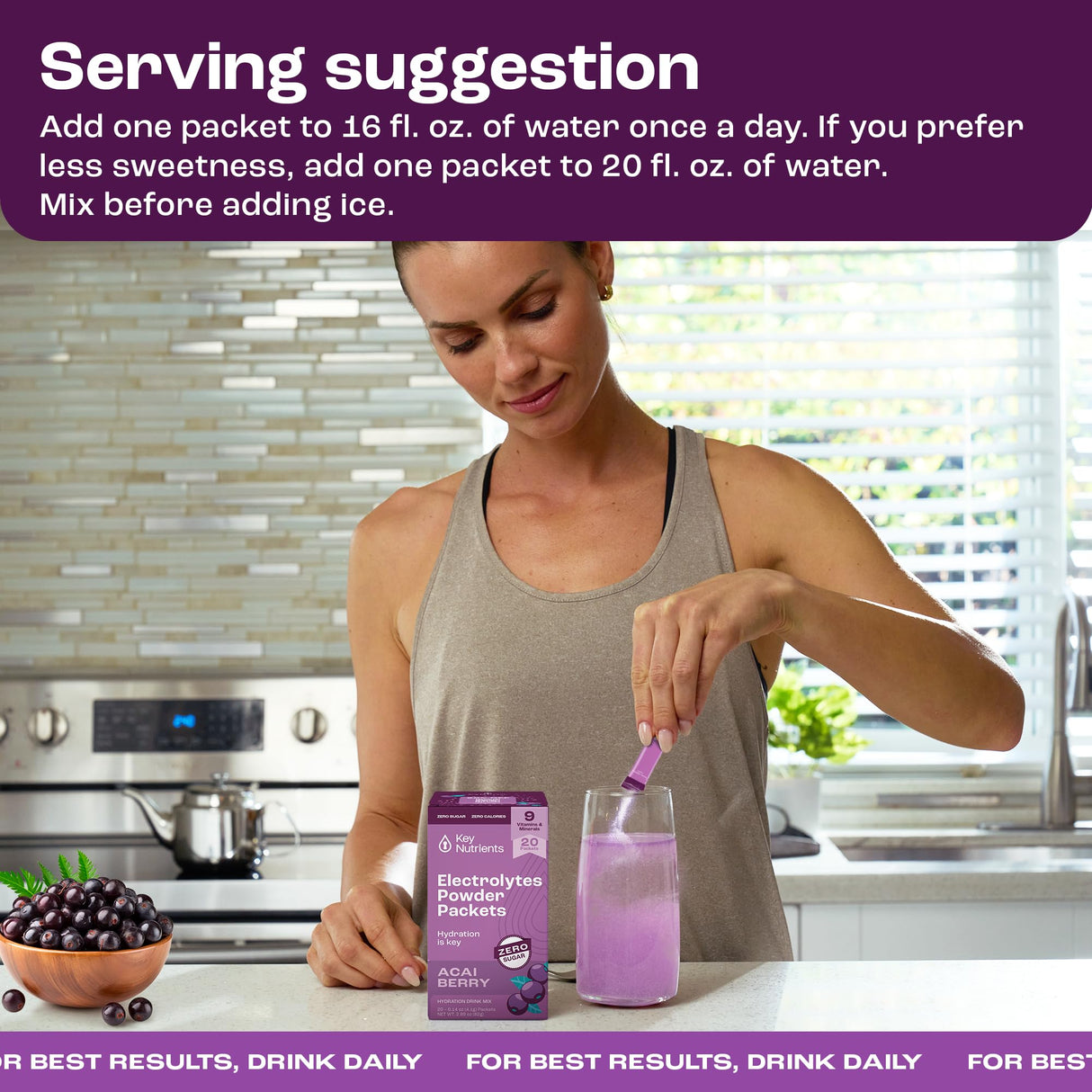 KEY NUTRIENTS Multivitamin Electrolytes Powder Packets - Delicious Acai Berry 20 Pack Hydration Packets - Travel Hydration Powder - No Sugar, No Calories, Gluten Free - Made in USA