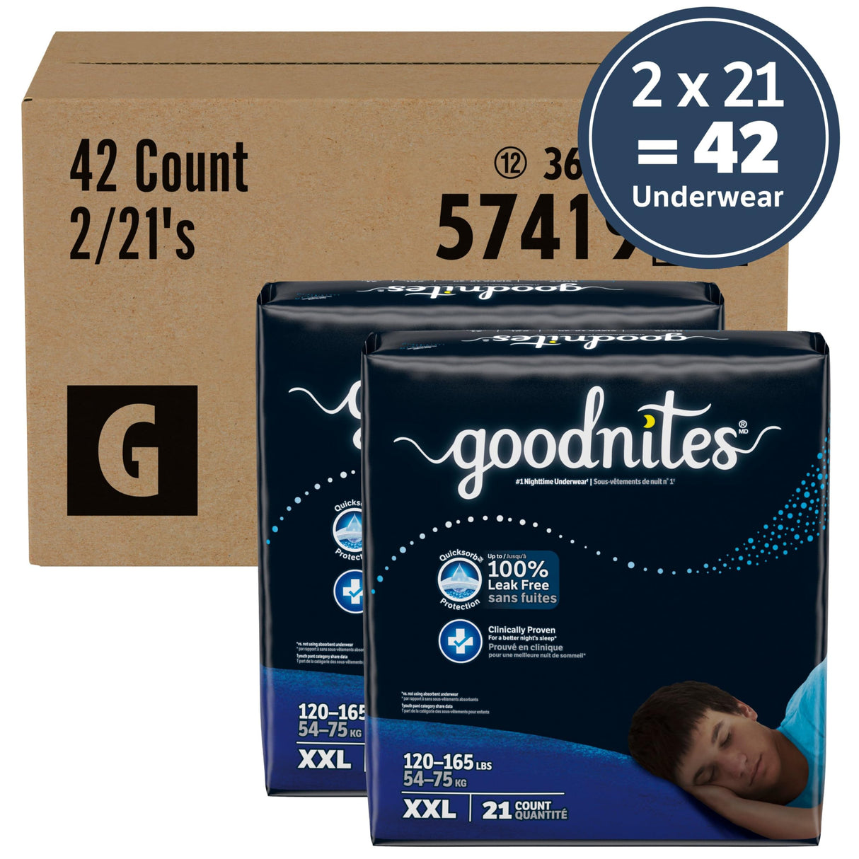 Goodnites Boys' Nighttime Underwear, Size XXL (120-165 lbs), 42 Ct (2 Packs of 21, Packaging May Vary