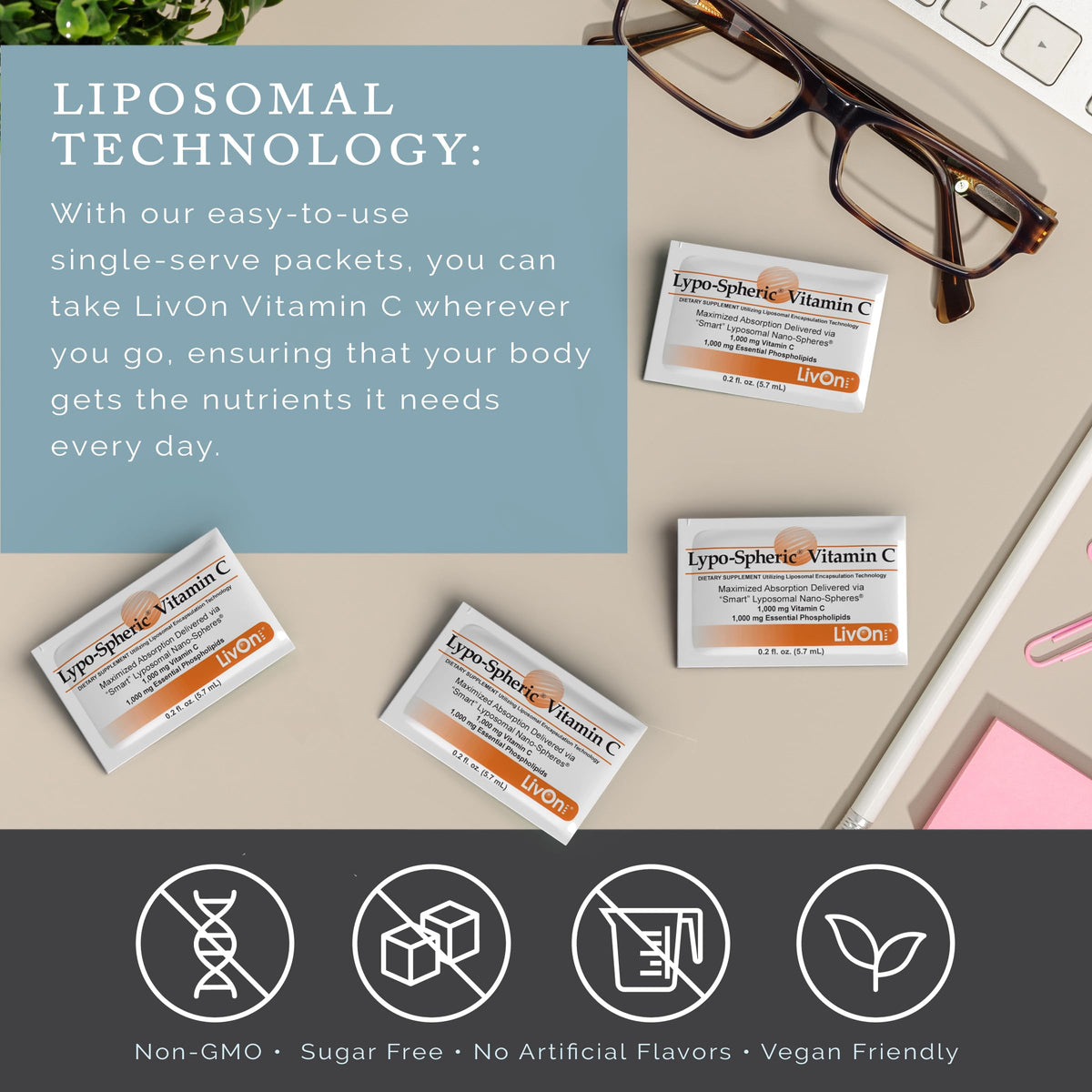 LivOn Laboratories Lypo–Spheric Liposomal Vitamin C 1000mg - No Sugar, Immune Support, Plant Based - Easy to Swallow, Absorbable - Non–GMO, Gluten Free (0.19 fl oz Individual 30 Packets)