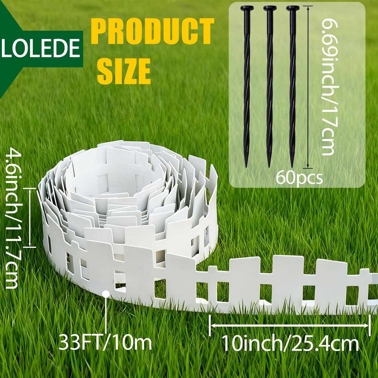 Garden Edging 33FT LOLEDE, 4.6IN Tall White Landscape Edging Border with 60 Stakes, Flexible Plastic Lawn Edging for Yard, Flower Beds,Tree Rings, Walkways & Garden Borders(Square-White)