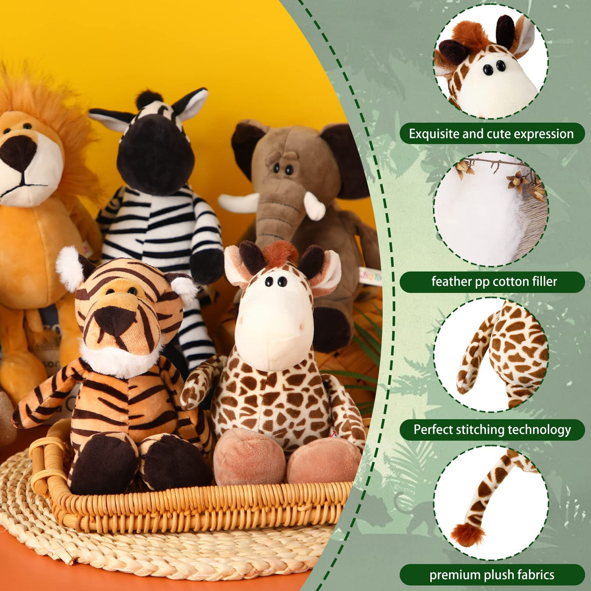 6 Pieces Safari Stuffed Animals Plush Jungle Animal Toys Set for Boys Girls, Lion Elephant Zebra Giraffe Tiger Monkey for Animal Themed Parties Student Award Christmas (Cute Style)