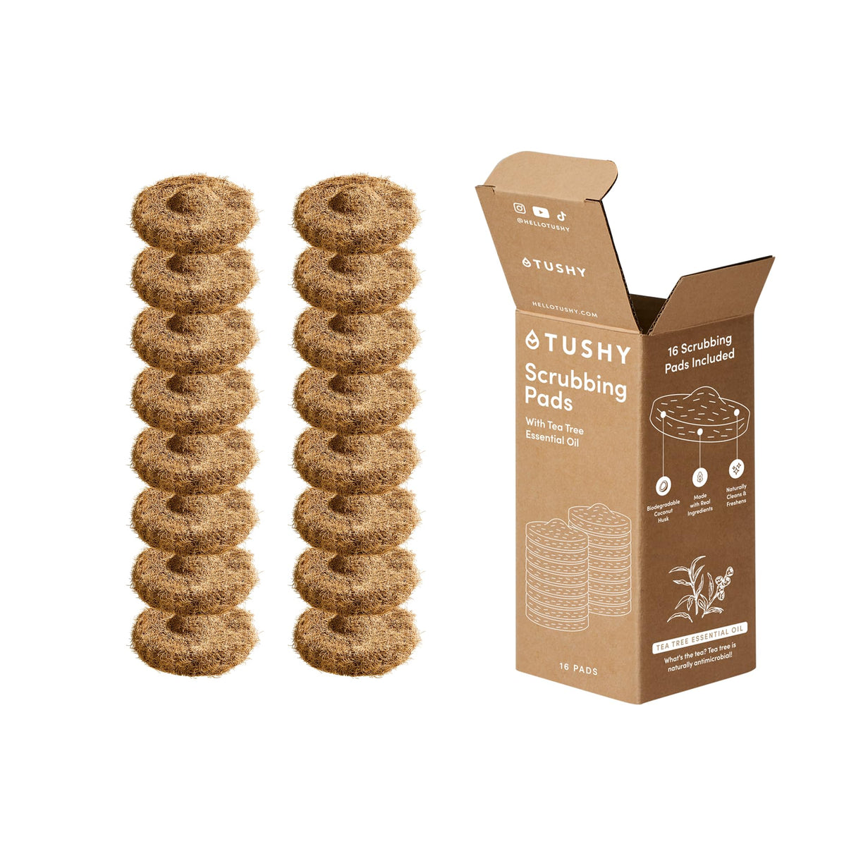 TUSHY Tea Tree Coconut Husk Scrubbing Pads, 16 Pack: Planet Friendly Cleanser-Infused Pads (No Toilet Bowl Cleaner Needed), TUSHY Toilet Brush 2.0 Refills