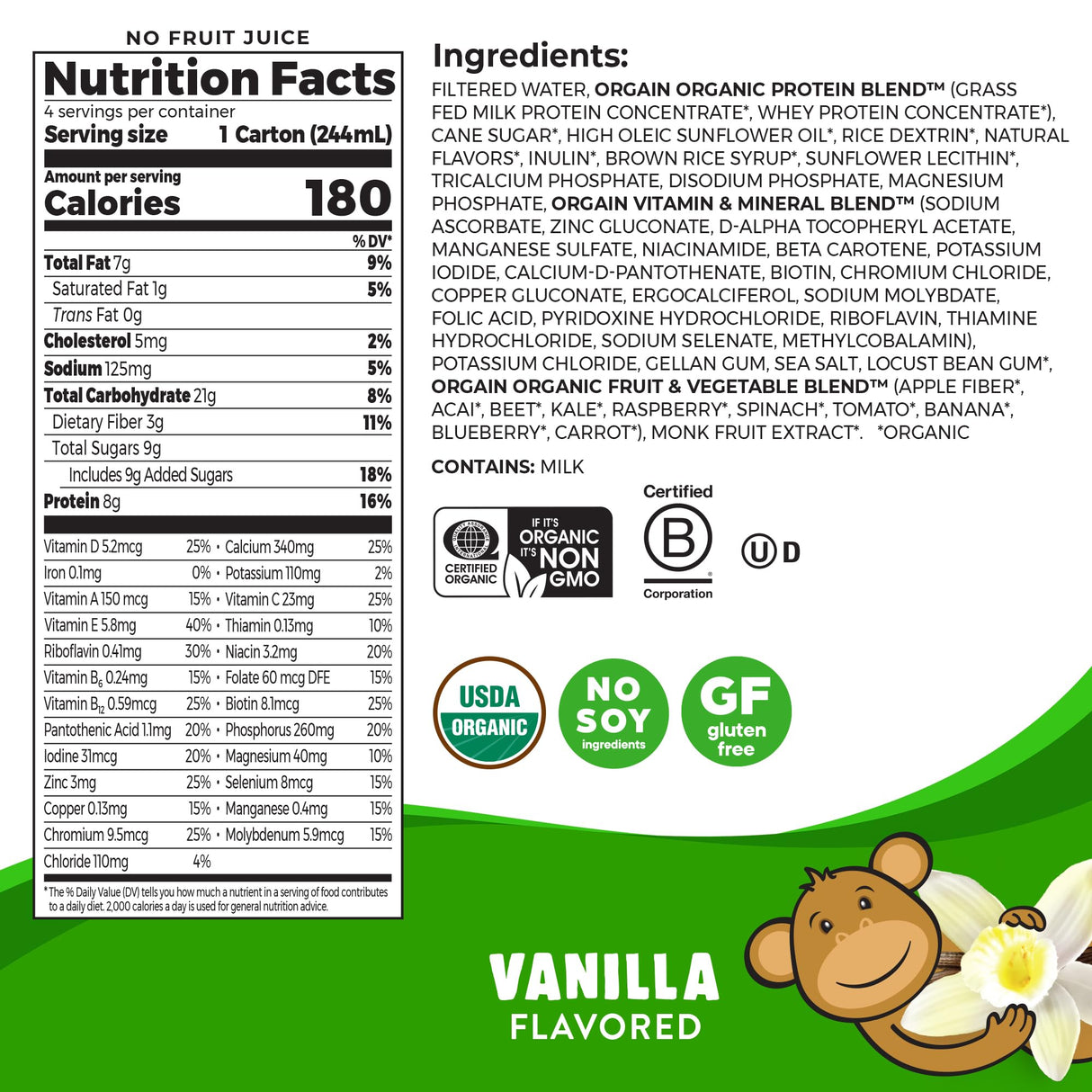 Orgain Organic Kids Protein Nutritional Shake, Vanilla - 8g of Protein, 22 Vitamins & Minerals, Fruits & Vegetables, Gluten Free, Soy Free, Non-GMO, 8.25 Oz, 12 Ct (Packaging May Vary)