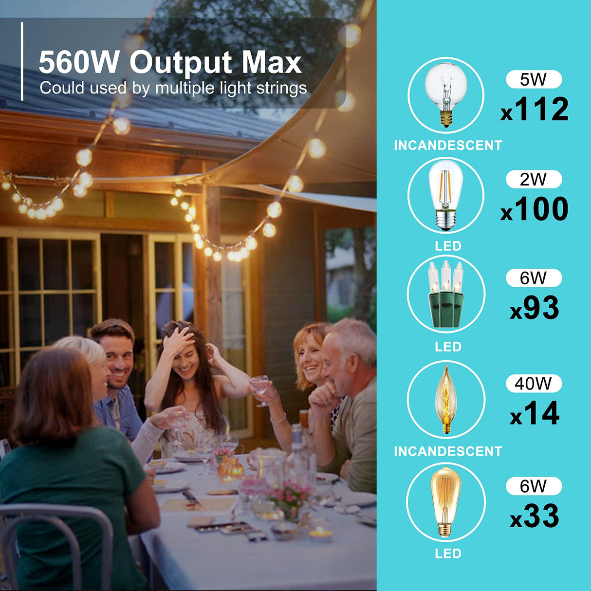 Outdoor Dimmer for String Lights, 560W Outdoor Dimmer Plug with Timer, IP65 Weatherproof Plug-in Dimmer Switch, 100FT Wireless Remote Control Dimmer for Led Lights or Lamp Patio, Christmas Lights