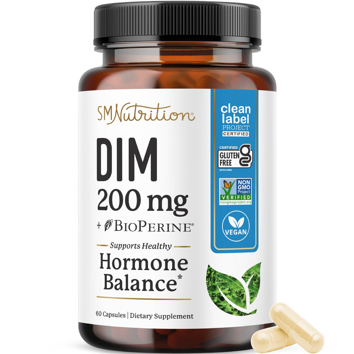 DIM Supplement 200 mg | Estrogen Balance for Women & Men | Hormonal Acne, Hormone Balance, Menopause & Antioxidant Support | Clean Label Project Certified, Vegan & Soy Free Diindolylmethane | 60 Ct.