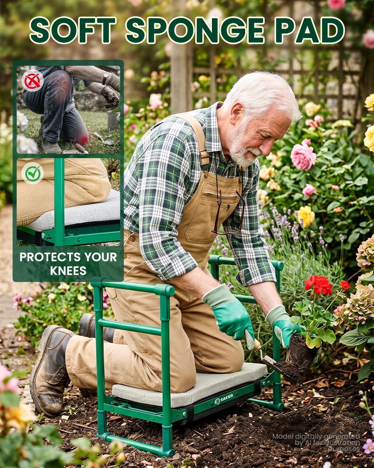 Saker 2026 Upgraded Garden Kneeler and Seat - Gardening Bench Gardening Stool with 500LB Heavy Duty Round-Tube Frame, Soft Kneeling Pad Foldable Support for Elderly, Gardening (Luxury Version)