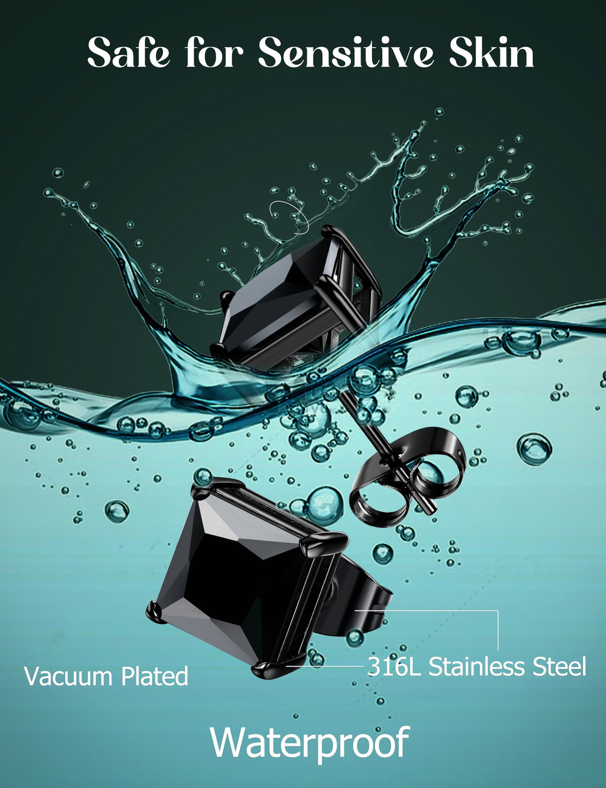 ORAZIO Black Square CZ Stud Earrings for Men Women Stainless Steel Princess Cut Cubic Zirconia Earring Studs 3MM-8MM