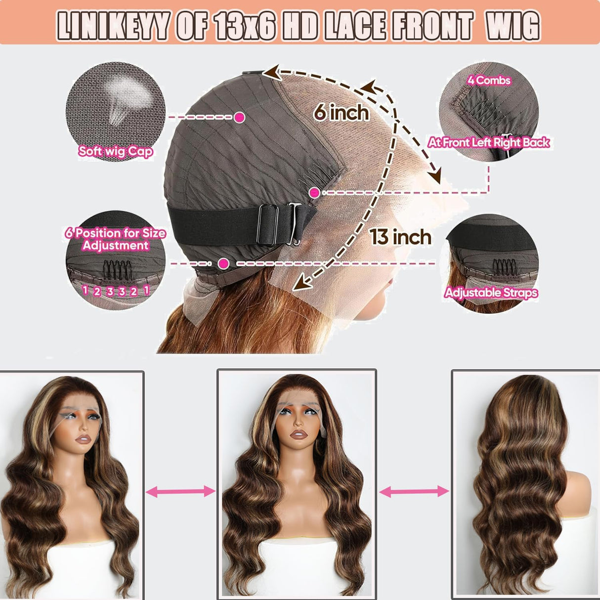 Linrkeyy Ombre Lace Front Wig Human Hair 13X6 Honey Blonde Highlight Wigs Human Hair Body Wave 180% Density HD Lace Frontal Wigs Human Hair Pre Plucked 4/27 Colored Glueless Wigs for Women 24 Inch