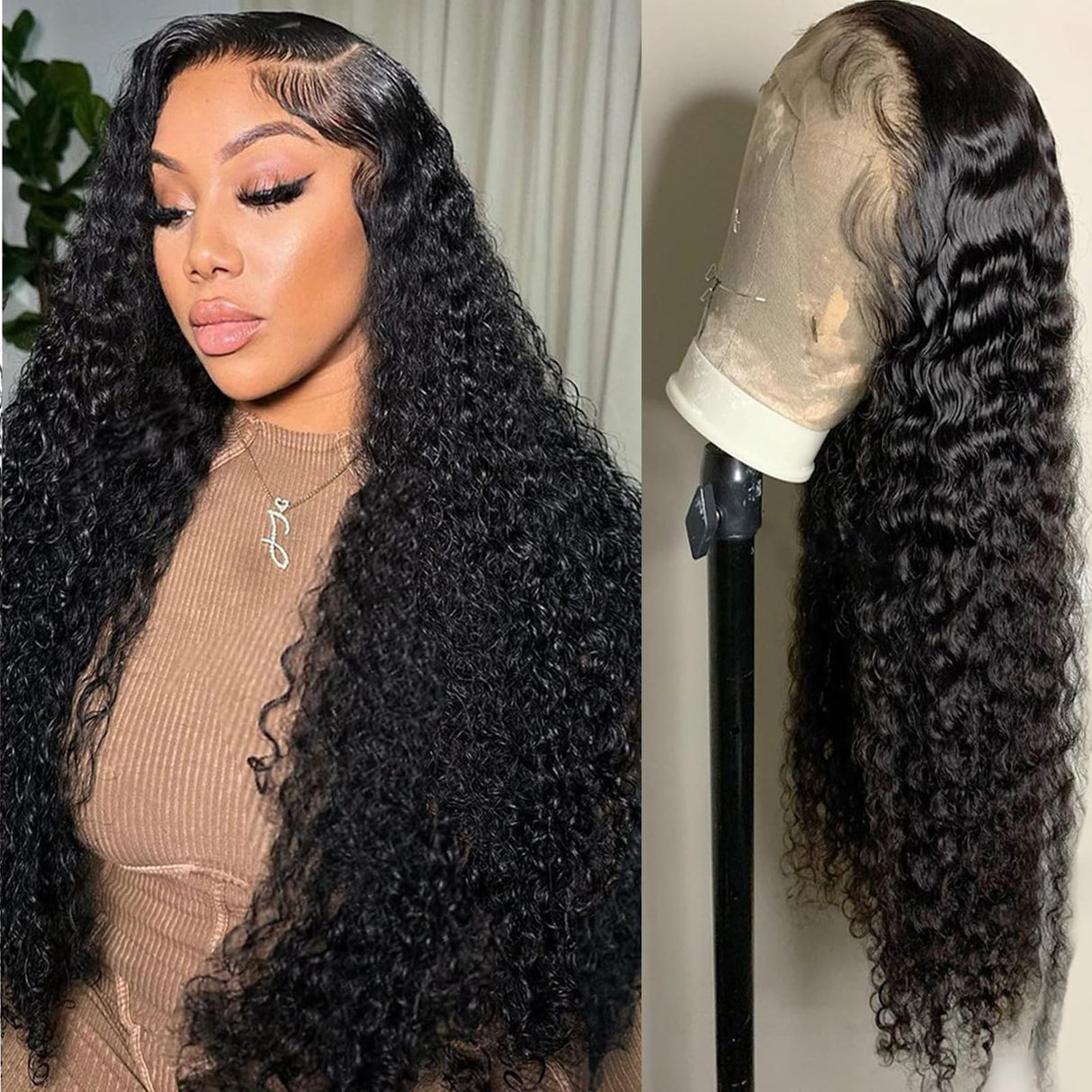Manorshen Deep Wave Lace Front Wigs Human Hair 180% Density 13x6 HD Transparent Glueless Pre Plucked Deep Curly Wig Wet and Wavy Human Hair Wigs for black Women Natural Color with Baby Hair (22 Inch