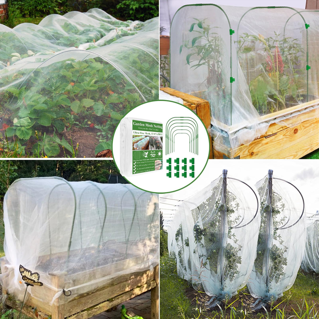 Garden Mesh Netting Kit, Plant Covers 10x30Ft Ultra Fine Mesh Netting & 6Pcs Garden Hoops &18 Clip, Garden Netting Kit for Raised Beds Plants Pest Barrier Greenhouse Row Cover Animal Protection Net