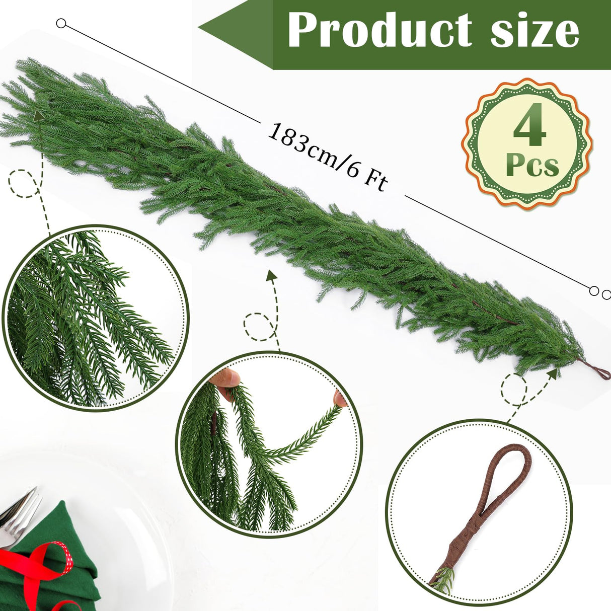 Hananona 4 Pcs 6 Ft Artificial Norfolk Pine Garlands, Real Touch Winter Pine Garland, Green Artificial Greenery Garland for Table, Mantle, Wall, Indoor, Outdoor Christmas Decorations (4, 6 FT)