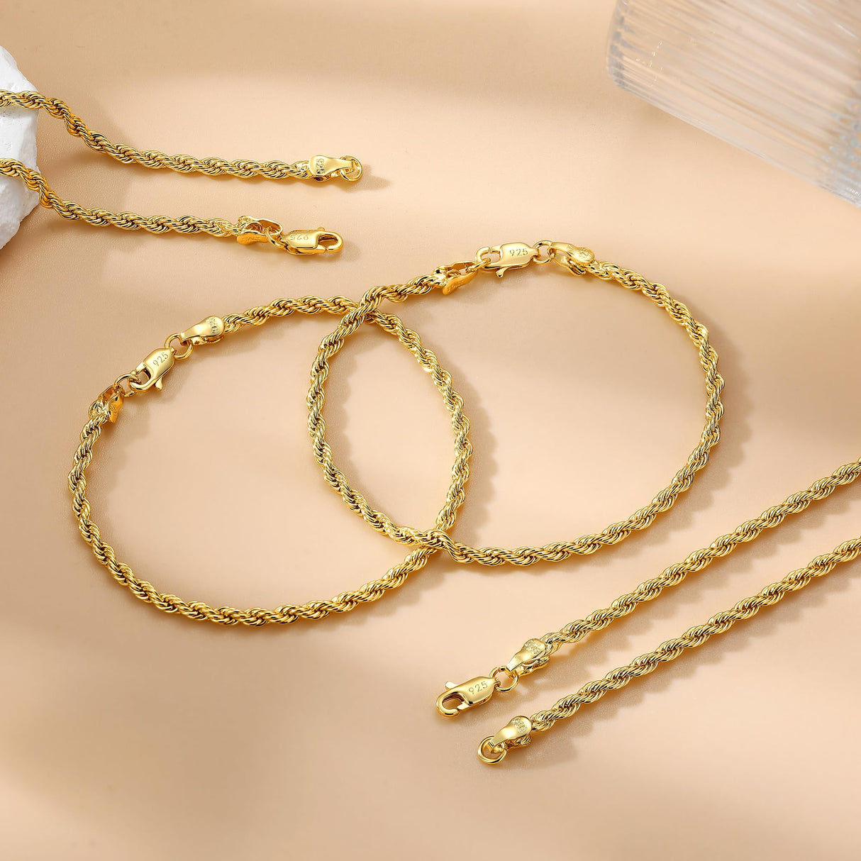 Goldegg Gold Bracelets for Women, 925 Sterling Silver 3MM Rope Bracelets